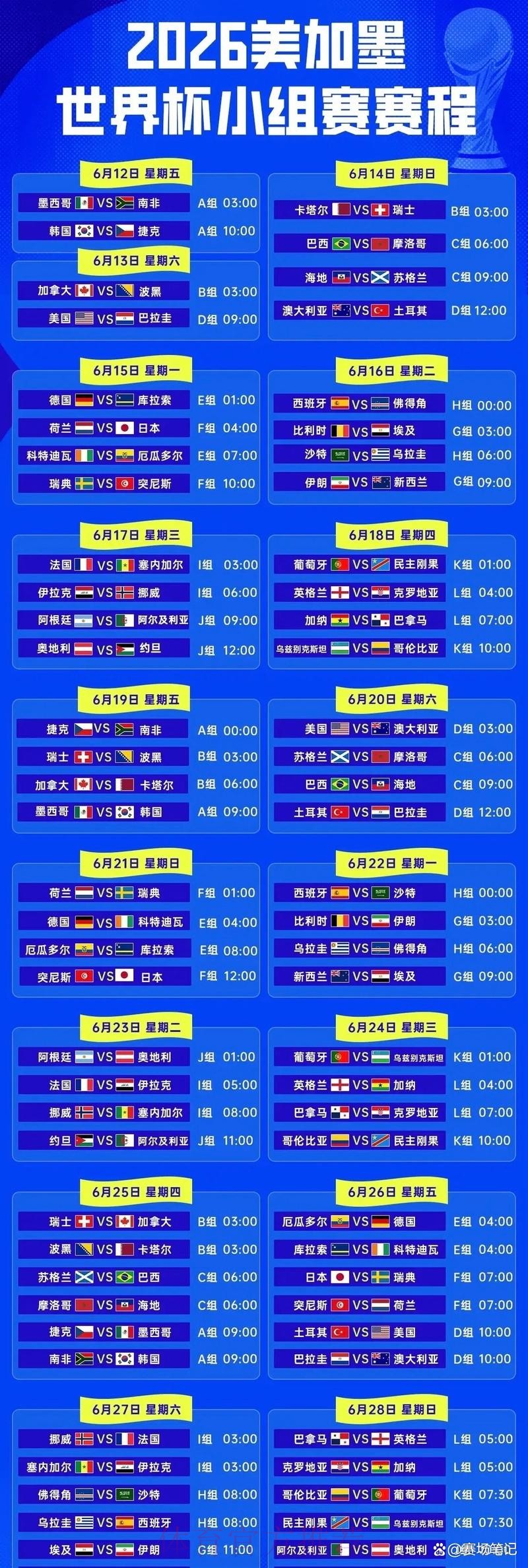 2026世界杯赛程表及现场直播